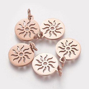 304 Stainless Steel Pendants, Flat Round with Sun, Rose Gold, 14x12x1.1mm, Hole: 3mm