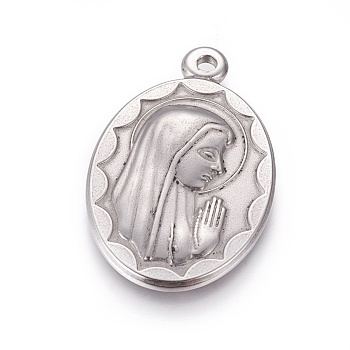304 Stainless Steel Pendants, Oval with Virgin Mary, Stainless Steel Color, 40x26x4mm, Hole: 2mm