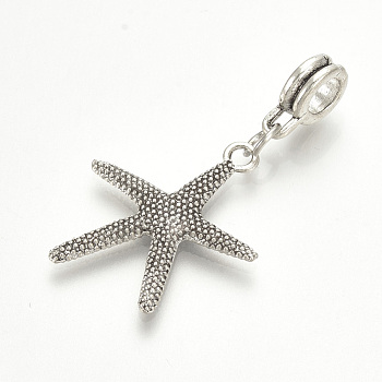 Alloy European Dangle Charms, Large Hole Pendants, Starfish/Sea Stars, Antique Silver, 37mm, Hole: 4.5mm, Starfish/Sea Stars: 23.5x21mm