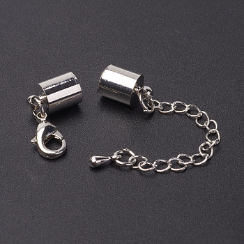 Brass Chain Extender, with Cord Ends and Lobster Claw Clasps, Nickel Free, Platinum, 42x10mm, Hole: 9.5mm, Cord End: 14x10mm, Hole: 9.5mm