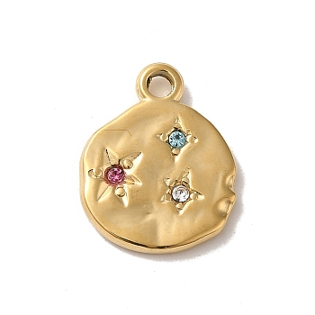 304 Stainless Steel Pendants, with Colorful Rhinestone, Flat Round with Star Charm, Real 14K Gold Plated, 18.5x15x2mm, Hole: 2mm
