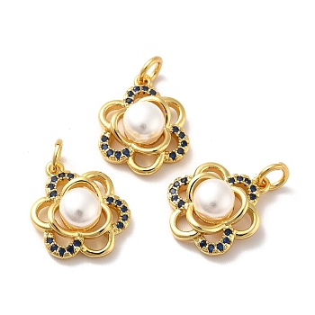 Rack Plating Brass Micro Pave Cubic Zirconia Pendants, with Pearl Beads and Jump Rings, Flower, Golden, 16x13x6mm, Hole: 3mm