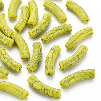 Opaque Crackle Acrylic Beads, Curved Tube, Yellow, 32x10x8mm, Hole: 1.8mm, about 330pcs/500g
