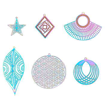 PVD Vacuum Plating 201 Stainless Steel Filigree Pendants, Spiritual Charms, Etched Metal Embellishments, Star, Rhombus, Leaf, Fan, Flower of Life, Rainbow Color, 36pcs/box