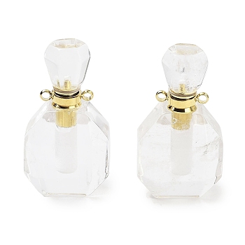 Natural Quartz Crystal Perfume Bottle Pendants, Rock Crystal Faceted Bottle Charms with Golden Tone 304 Stainless Steel Findings, Cadmium Free & Lead Free, 36~37x20~20.5x13.5~15mm, Hole: 1.8mm