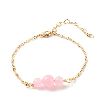 Natural Malaysia Jade(Dyed) Beaded Links Bracelets for Women or Men, Golden Tone Brass Chain Bracelets, Pink, 7-1/2 inch(19cm), 2mm