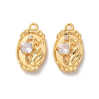 Brass Micro Pave Clear Cubic Zirconia Pendants, Oval with Flower Charms, Real 18K Gold Plated, 15x8.5x3mm, Hole: 1mm