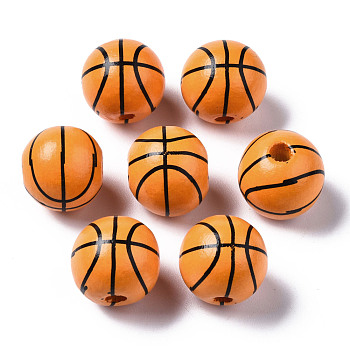 Painted Natural Wood European Beads, Large Hole Beads, Printed, Basketball, Orange, 16x15mm, Hole: 4mm