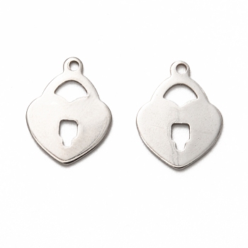 201 Stainless Steel Pendants, Heart Lock, Stainless Steel Color, 17x13x1mm, Hole: 1.4mm