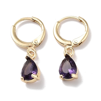 Real 18K Gold Plated Brass Dangle Hoop Earrings, with Glass, Teardrop, Purple, 26x6mm