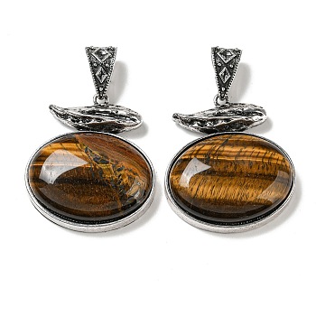 Natural Tiger Eye Pendants, Antique Silver Plated Alloy Oval Charms, 47x42x13mm, Hole: 16x7mm