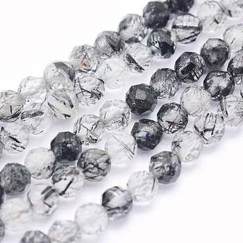 Natural Black Rutilated Quartz Beads Strands, Round, Faceted, 4mm, Hole: 0.5mm, about 93pcs/strand, 15.5 inch(39.5cm)