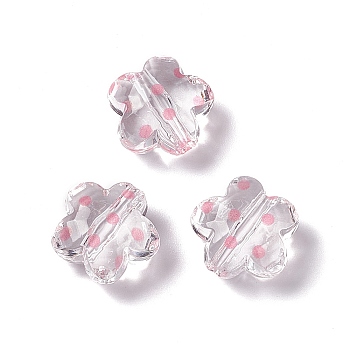 Transparent Acrylic Beads, Flower with Polka Dot Pattern, Clear, Pink, 16.5x17.5x10mm, Hole: 3mm