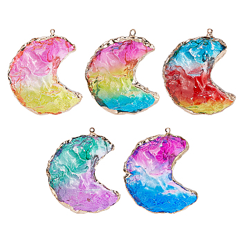 CHGCRAFT 5Pcs 5 Colors Two Tone Glass Pendants, with Light Gold Plated Stainless Steel Findings, Moon, Colorful, 44.5x37x14mm, Hole: 1.4mm, 1pc/color