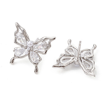 Butterfly Brass Stud Earrings, with Clear Cubic Zirconia, Long-Lasting Plated, Lead Free & Cadmium Free, Platinum, 16.5x17.5mm