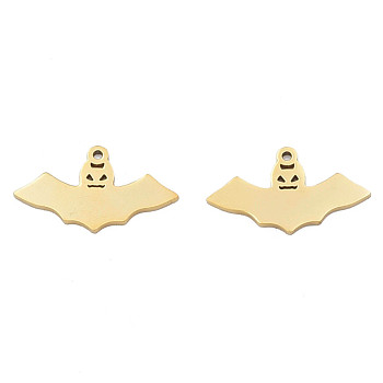 Ion Plating(IP) 201 Stainless Steel Pendants, Halloween Style, Bat, Real 18K Gold Plated, 14x25x1mm, Hole: 1.4mm