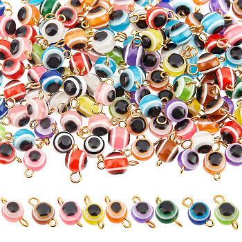 Nbeads Resin Beads Link Connectors, with Golden Brass Eye Pin, Round with Evil Eye, Mixed Color, 14.5x7.5mm, Hole: 2.5mm, 200pcs