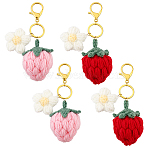 4Pcs 2 Style Handmade Cotton Keychains, with Iron Rings and Alloy Lobster Claw Clasps, Strawberry with Flower, Light Gold, Mixed Color, 90mm, 2pcs/style(KEYC-PH01612)