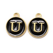 Golden Plated Alloy Charms, Cadmium Free & Lead Free, with Enamel, Enamelled Sequins, Flat Round with Letter, Black, Letter.U, 14x12x2mm, Hole: 1.5mm(X-ENAM-S118-02U)