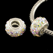Polymer Clay Rhinestone European Large Hole Beads with Silver Color Plated Brass Cores, Rondelle, Crystal AB, 11~12x7~7.5mm, Hole: 5mm(FPDL-R002-15)