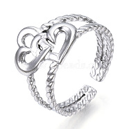 304 Stainless Steel Interlocking Heart Open Cuff Ring, Hollow Chunky Ring for Women, Stainless Steel Color, US Size 7 1/4(17.5mm)(RJEW-N040-16)