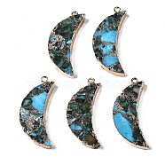 Assembled Natural Bronzite & Synthetic Turquoise & Imperial Jasper Pendants, with Light Gold Iron Loop and Brass Edge, Moon, Deep Sky Blue, 18x36x5~7mm, Hole: 2mm(G-N330-035A)