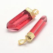 Natural Quartz Crystal Pointed Pendants, Dyed, with Brass Finding, Bullet, Golden, Red, 41~50x7~14x9~13mm, Hole: 5x8mm(G-P253-03G-06)