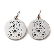 304 Stainless Steel Charms, Laser Cut, with Jump Ring, Stainless Steel Color, Flat Round Charm, Bear, 13.5x12x1mm, Hole: 3.6mm(STAS-D050-07P-08)