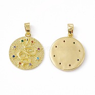 Brass Micro Pave Cubic Zirconia Pendants, with Glass Rhinestone, Flat Round with Snake Charm, Real 18K Gold Plated, 20x18x2mm, Hole: 5.5x3mm(KK-E068-VC054)
