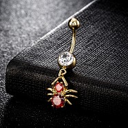 Piercing Jewelry, Brass Cubic Zirconia Navel Ring, Belly Rings, with Surgical Stainless Steel Bar, Cadmium Free & Lead Free, Real 18K Gold Plated, Spider, Red, 38x16mm, Bar: 15 Gauge(1.5mm), Bar Length: 3/8"(10mm)(AJEW-EE0003-04D)