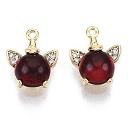 Brass Micro Pave Cubic Clear Zirconia Charms, with Glass, Nickel Free, Flat Round, Real 18K Gold Plated, Dark Red, 12x9x4.5mm, Hole: 1mm(KK-N232-133-NF)