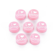 Handmade Polymer Clay Beads, Mother's Day Theme, Flat Round with Word I Love MOM, Pink, 8~9.5x3.5~4.5mm, Hole: 1.5mm(CLAY-T019-11I)