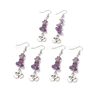 Natural Amethyst Chips Dangle Earrings, Antique Silver Alloy Yoga Theme Long Drop Earrings with Brass Ear Wires for Women, 66mm, Pin: 0.5mm(EJEW-G336-01AS-04)