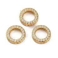 925 Sterling Silver Micro Pave Clear Cubic Zirconia Bead Frames, Flat Round, Real 18K Gold Plated, 10x3mm, Hole: 0.9mm, Inner Diameter: 6.5mm(STER-P061-01B-G)