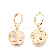 Clear Cubic Zirconia Flat Round Dangle Leverback Earrings, Brass Jewelry for Women, Cadmium Free & Nickel Free & Lead Free, Real 18K Gold Plated, 29mm, Pin: 1mm(EJEW-N012-83)