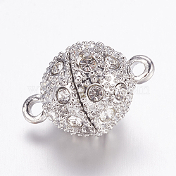 Alloy Rhinestone Magnetic Clasps with Loops, Round, Platinum, 19x12mm, Hole: 2mm(X-BSAHH050)