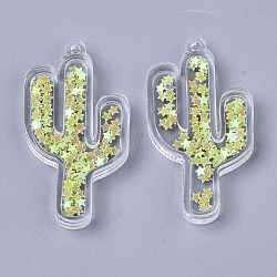 Transparent Acrylic Pendants, with Pailette/Sequins Inside, Cactus, Green Yellow, 48.5x26x6mm, Hole: 1.8mm(TACR-R145-01)