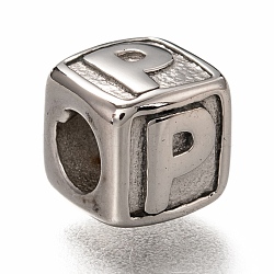 Tarnish Resistant 304 Stainless Steel European Beads, Large Hole Beads, Horizontal Hole, Cube with Letter, Stainless Steel Color, Letter.P, 8x8x8mm, Hole: 4.5mm(OPDL-L020-001P)