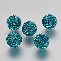 Half Drilled Czech Crystal Rhinestone Pave Disco Ball Beads, Large Round Polymer Clay Czech Rhinestone Beads, 229_Blue Zircon, 12mm(PP9), Hole: 1.2mm(RB-A059-H12mm-PP9-229)