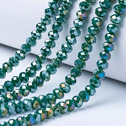 Electroplate Glass Beads Strands, Opaque Solid Color, AB Color Plated, Faceted, Rondelle, Dark Green, 2.9~3.3x2mm, Hole: 0.8mm, about 148~150pcs/strand, 39.5~40cm(EGLA-A044-P2mm-B09)