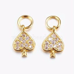 Brass Micro Pave Cubic Zirconia Charms, Heart, Golden, 10.5x7x1mm, Hole: 3mm(ZIRC-G128-05G)