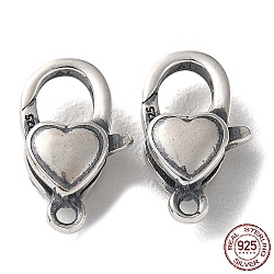925 Thailand Sterling Silver Lobster Claw Clasps, Heart, with 925 Stamp, Antique Silver, 12.5x7.5x4mm, Hole: 1.2mm(STER-D003-25AS)