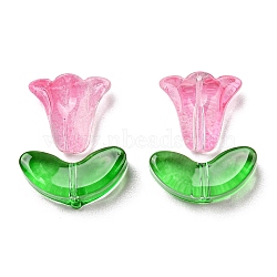 Glass Beads, Morning Glory Flower & Leaf, Hot Pink, 10x10.5x5.5mm, Hole: 1mm, 6.5x14x4.5mm, Hole: 1mm, 20pcs/bag(X-GLAA-F125-04)