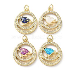 Brass Micro Pave Clear Cubic Zirconia Pendants, with Synthetic Opal, with Jump Ring, Real 18K Gold Plated, Flat Round with Bird, Mixed Color, 21.5x18x3mm, Hole: 3.6mm(KK-C045-43G)