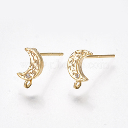 Brass Cubic Zirconia Stud Earring Findings, with Loop, Moon, Clear, Nickel Free, Real 18K Gold Plated, 8.5x5mm, Hole: 0.7mm, Pin: 0.7mm(X-KK-S350-033G)