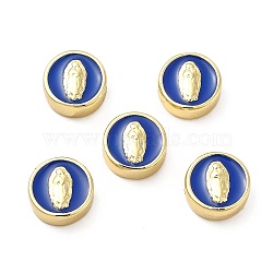 Brass Enamel Beads, Flat Round with Virgin Mary, Real 18K Gold Plated, Royal Blue, 11x5mm, Hole: 2mm(KK-E068-VB151-1)
