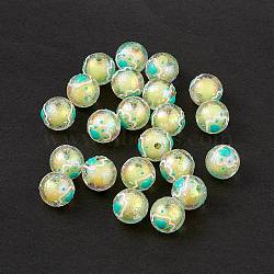 UV Plating Rainbow Iridescent Acrylic Enamel Beads, Hand Drawn Beads, Round with Cat Paw Print, Yellow, 15~16mm, Hole: 2.3mm(OACR-I003-12C)