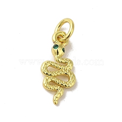 Real 18K Gold Plated Brass Pave Cubic Zirconia Pendants, with Jump Rings, Snake, Green, 15x7x1.5mm, Hole: 3mm(KK-M283-03A-G)