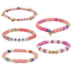 5Pcs 5 Style Handmade Polymer Clay Beads Stretch Bracelets Sets, with Brass Beads and Acrylic Enamel Beads, HAPPY, Mixed Color, Inner Diameter: 2-1/8~2-1/8 inch(5.3~5.5cm), 1pc/style(BJEW-SZ0001-77A)