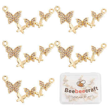 Brass Micro Pave Clear Cubic Zirconia Connector Charms, Butterfly, Real 18K Gold Plated, 13x27x2mm, Hole: 1.2mm, 6pcs/box